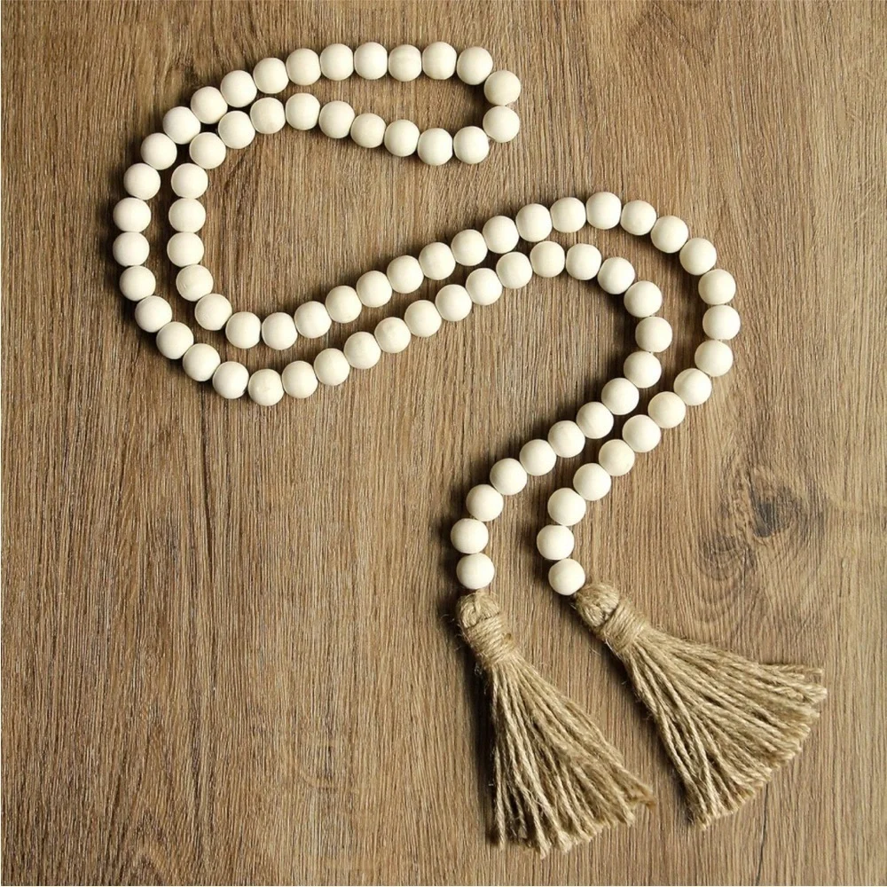 Rustic Boho Farmhouse Cream Wood Beads Tie Tassel Garland Home Table DiningDecor